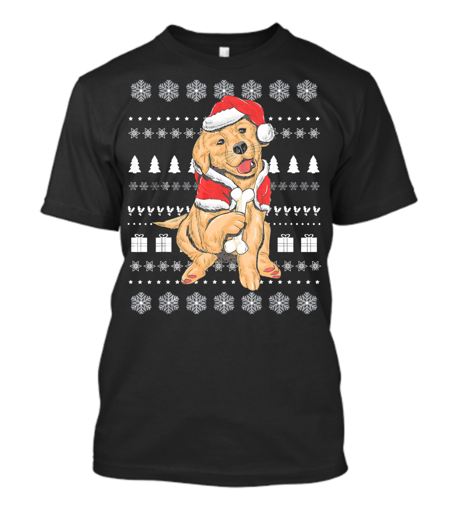 Santa Hat Christmas Golden Retriever Puppy Holding Bone T-Shirt
