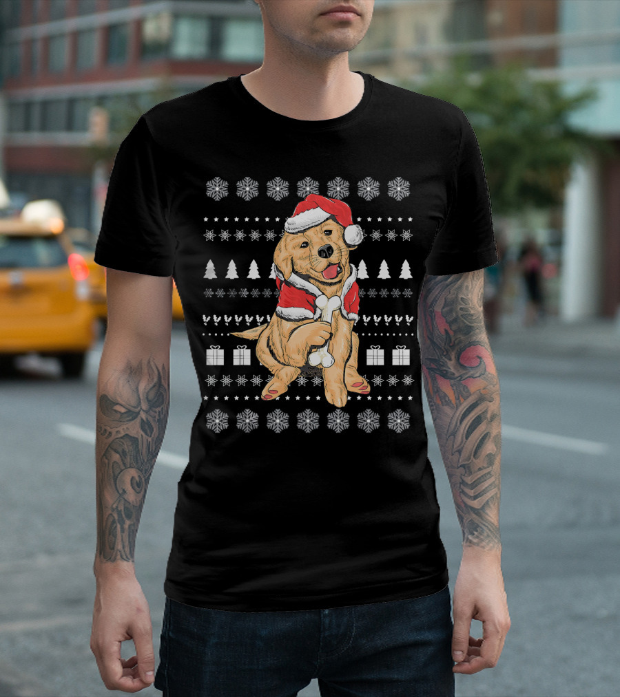 Santa Hat Christmas Golden Retriever Puppy Holding Bone T-Shirt