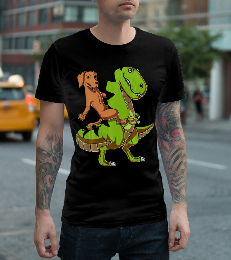 Labrador Retriever Riding Green T-Rex Dinosaur T-Shirt