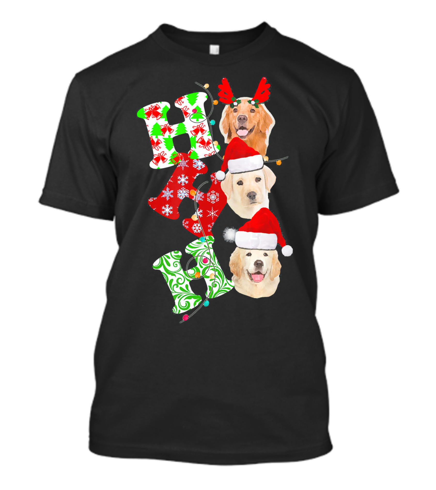 Merry Christmas Xmas Golden Retriever Ho Ho Ho Santa Hats T-Shirt
