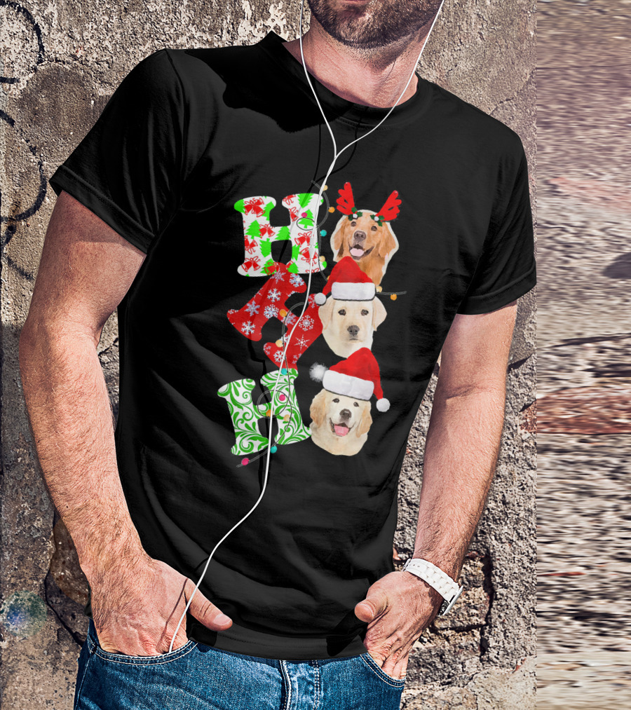 Merry Christmas Xmas Golden Retriever Ho Ho Ho Santa Hats T-Shirt