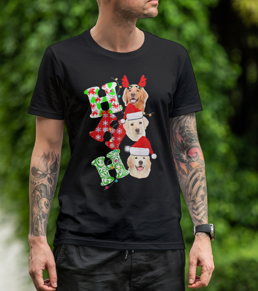 Merry Christmas Xmas Golden Retriever Ho Ho Ho Santa Hats T-Shirt