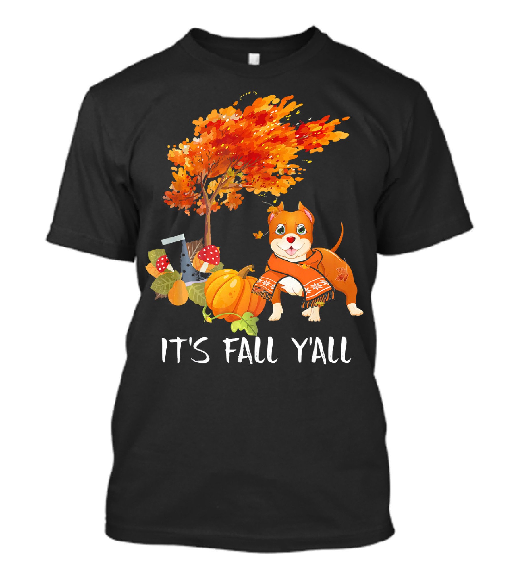 It's Fall Y'All Pit Bull Dog Autumn Pumpkin Leaves Tree T-Shirt