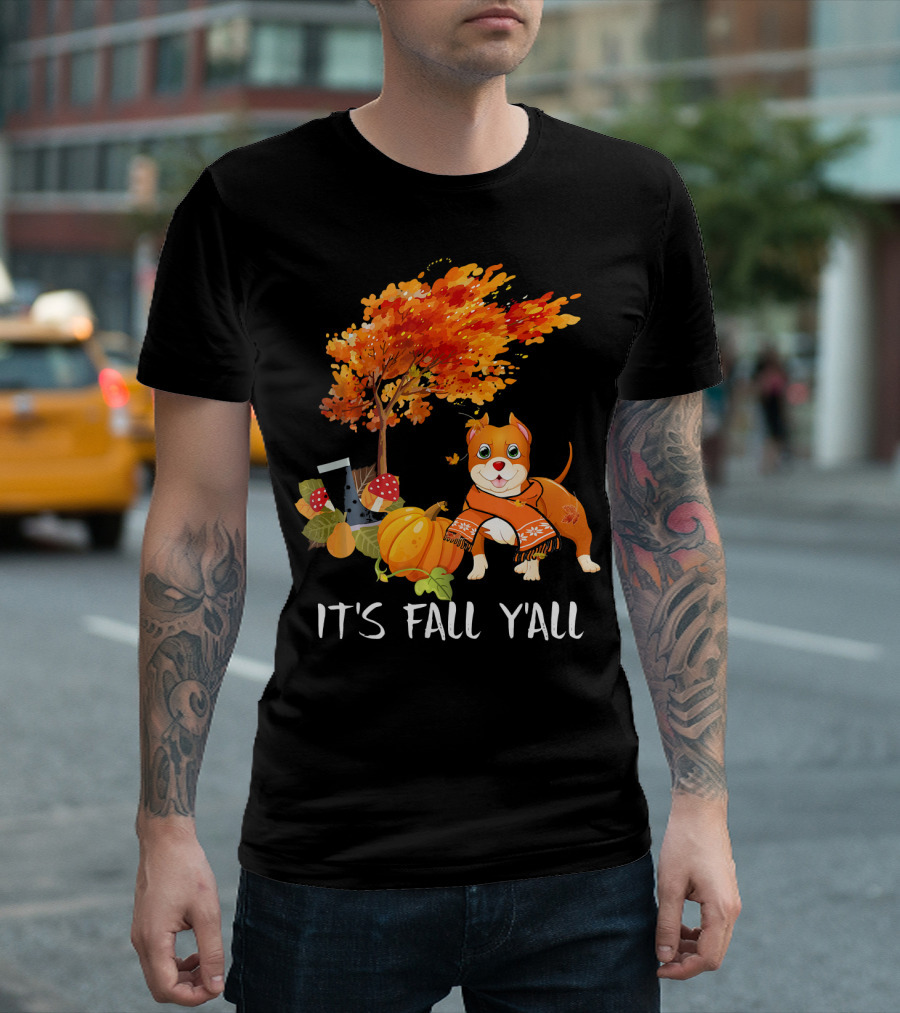 It's Fall Y'All Pit Bull Dog Autumn Pumpkin Leaves Tree T-Shirt