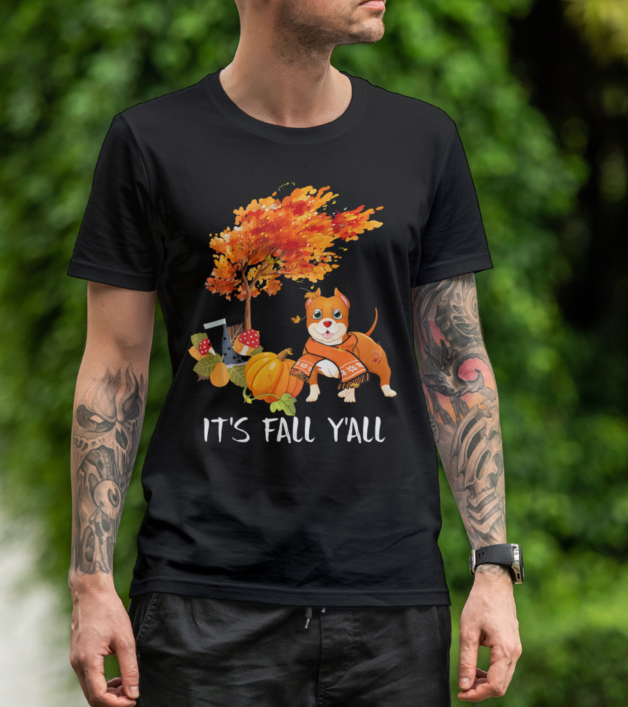 It's Fall Y'All Pit Bull Dog Autumn Pumpkin Leaves Tree T-Shirt