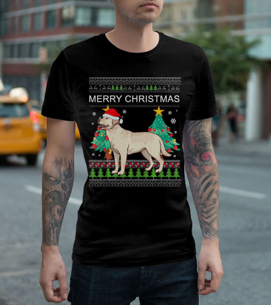 Merry Christmas Labrador Retriever Santa Hat with Christmas Trees and Snowflakes T-Shirt