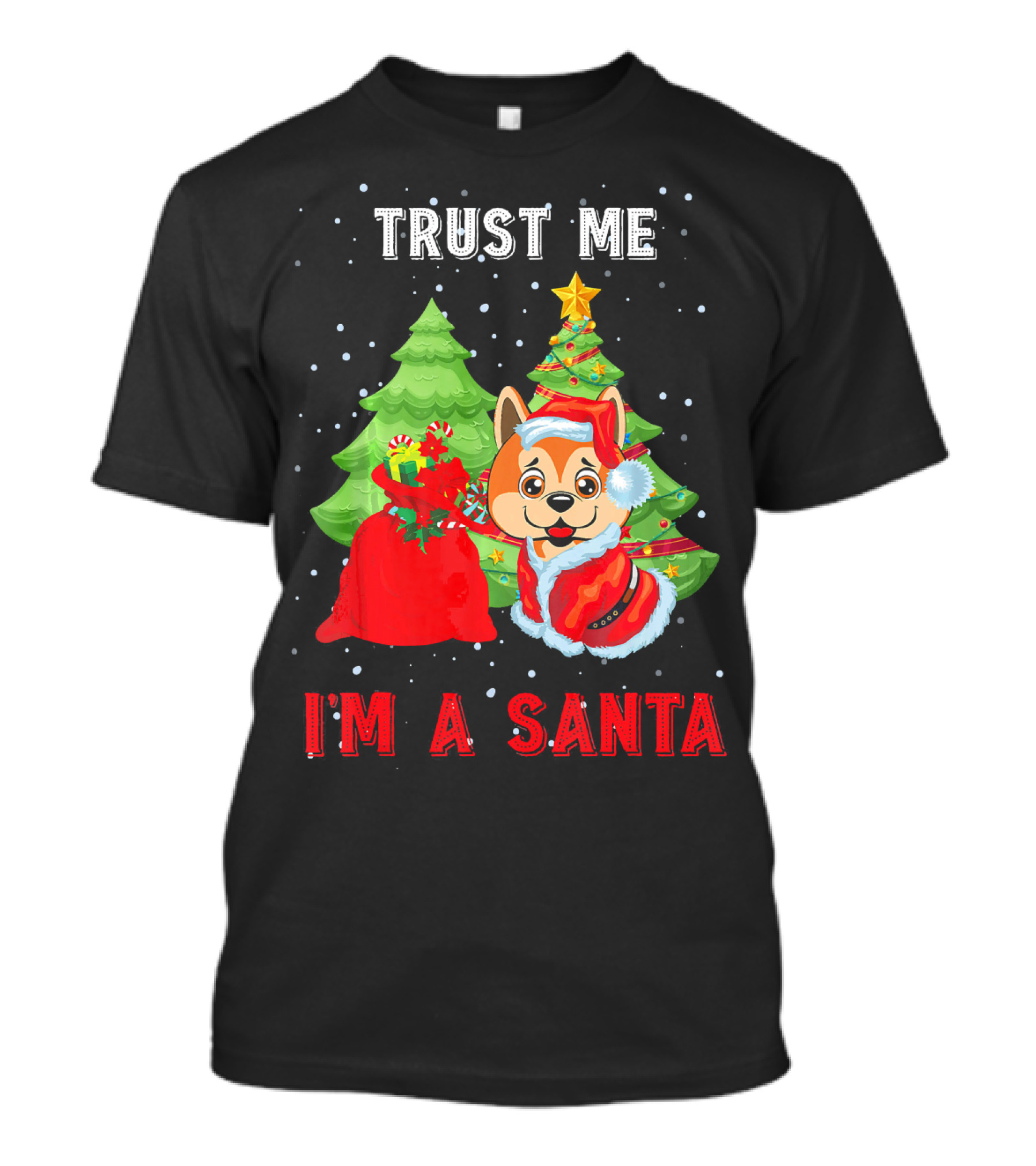 Trust Me I'm A Santa Akita Dog With Christmas Trees And Gift Bag T-Shirt