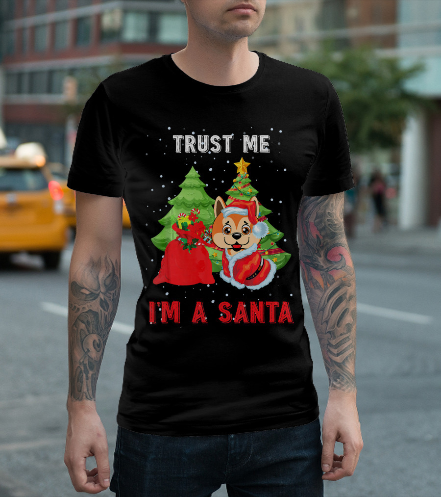 Trust Me I'm A Santa Akita Dog With Christmas Trees And Gift Bag T-Shirt