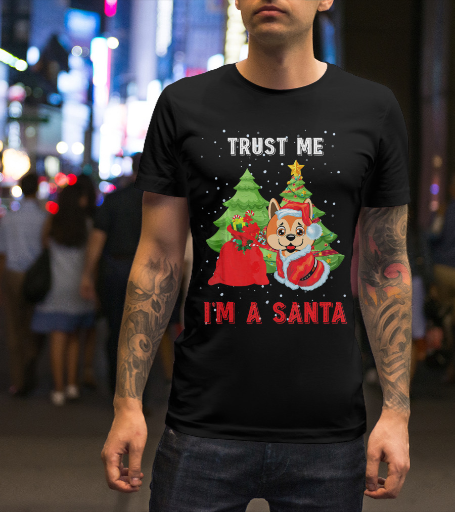 Trust Me I'm A Santa Akita Dog With Christmas Trees And Gift Bag T-Shirt