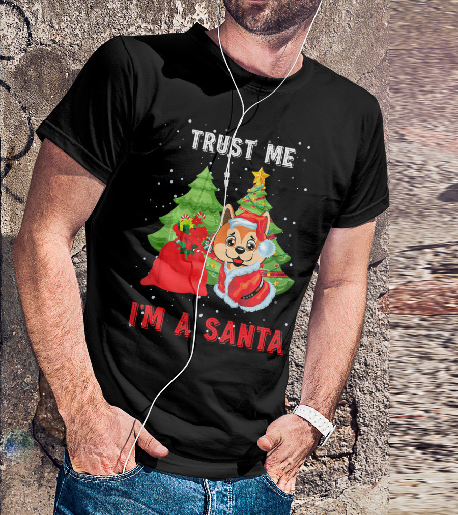 Trust Me I'm A Santa Akita Dog With Christmas Trees And Gift Bag T-Shirt