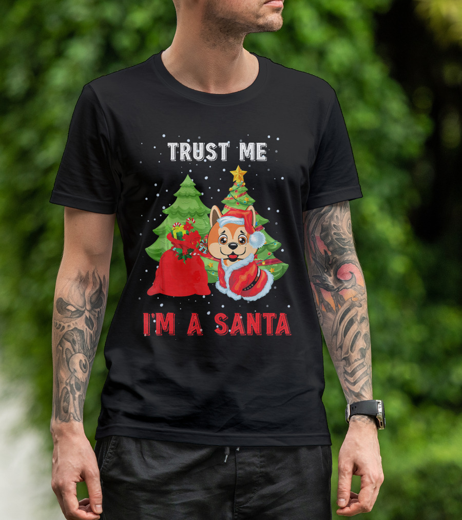 Trust Me I'm A Santa Akita Dog With Christmas Trees And Gift Bag T-Shirt