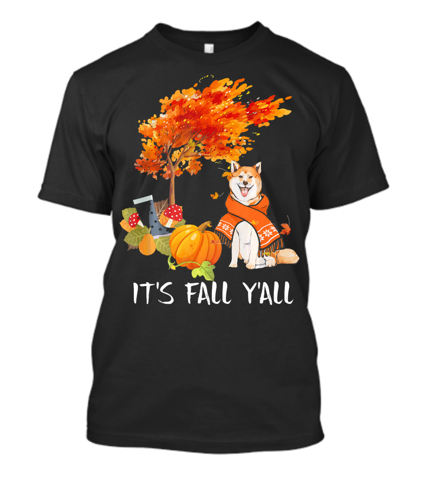 It's Fall Y'all Akita Inu Dog Autumn Pumpkin Leaves Cozy Scene T-Shirt