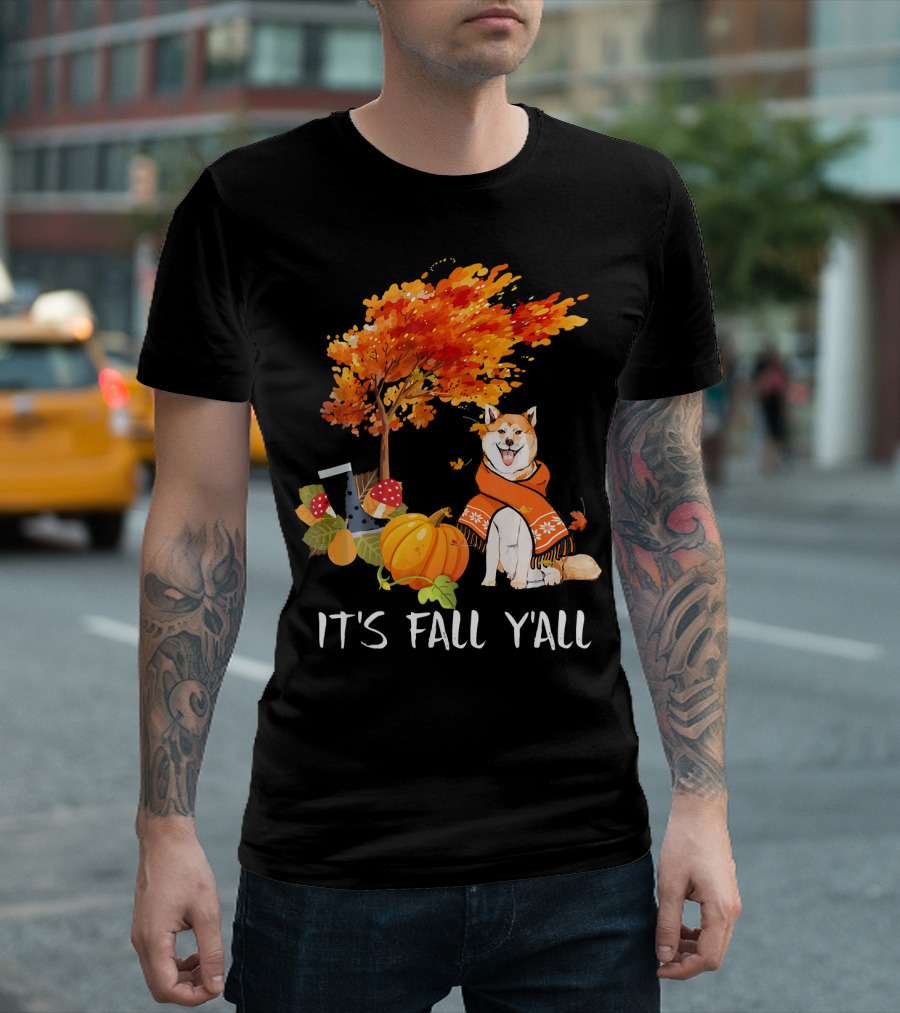 It's Fall Y'all Akita Inu Dog Autumn Pumpkin Leaves Cozy Scene T-Shirt