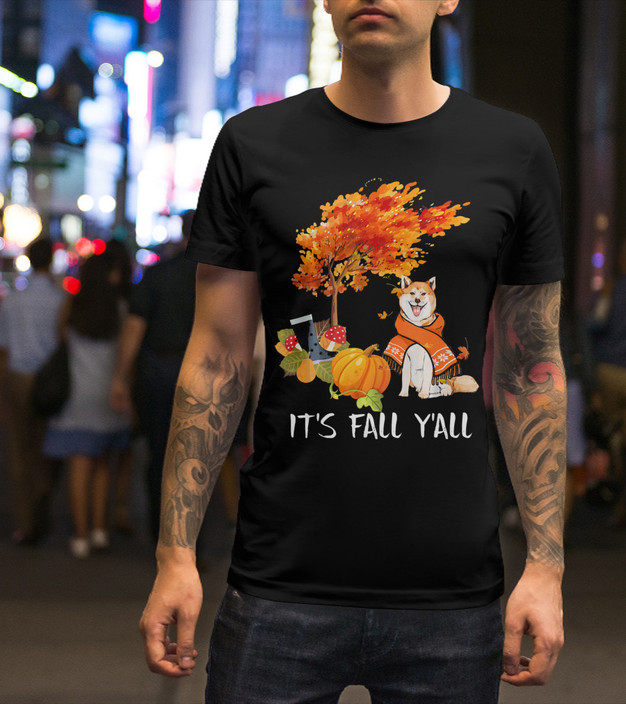 It's Fall Y'all Akita Inu Dog Autumn Pumpkin Leaves Cozy Scene T-Shirt