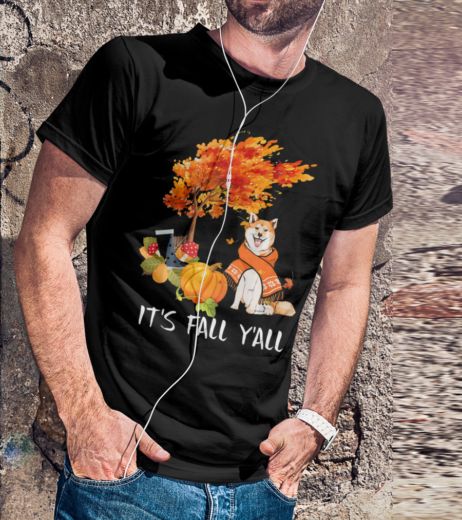 It's Fall Y'all Akita Inu Dog Autumn Pumpkin Leaves Cozy Scene T-Shirt