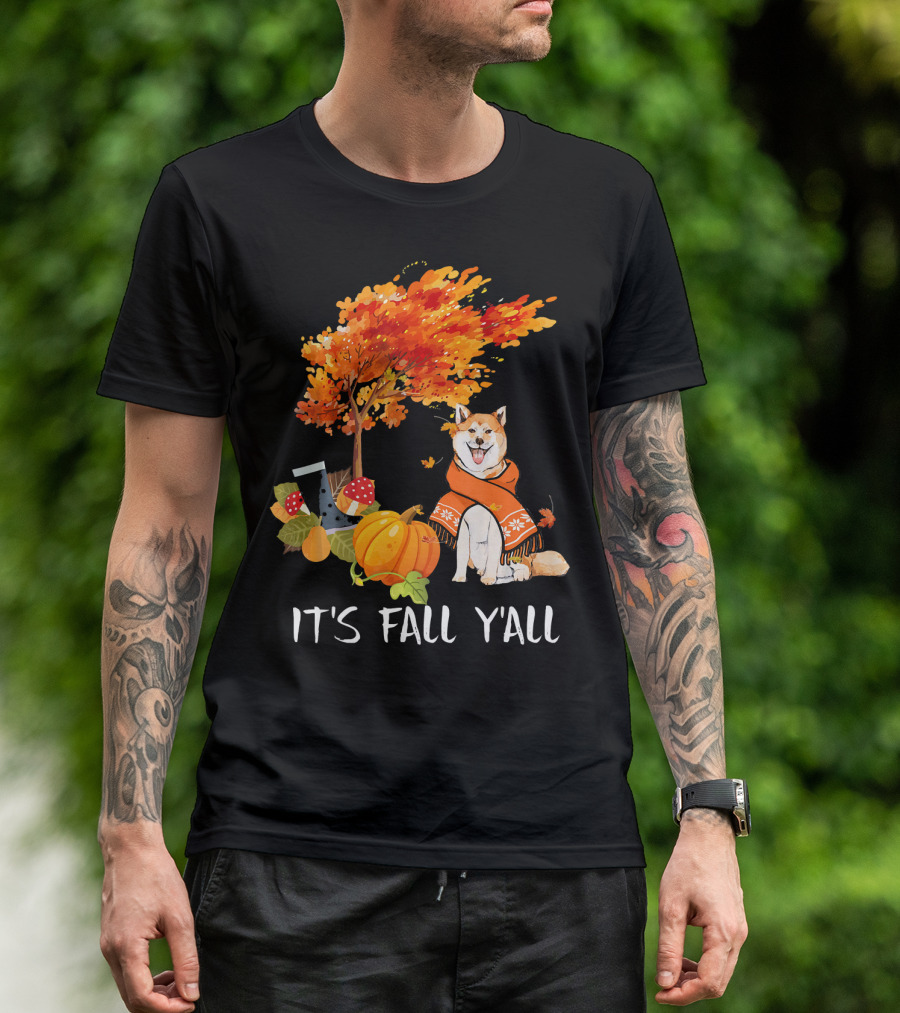 It's Fall Y'all Akita Inu Dog Autumn Pumpkin Leaves Cozy Scene T-Shirt
