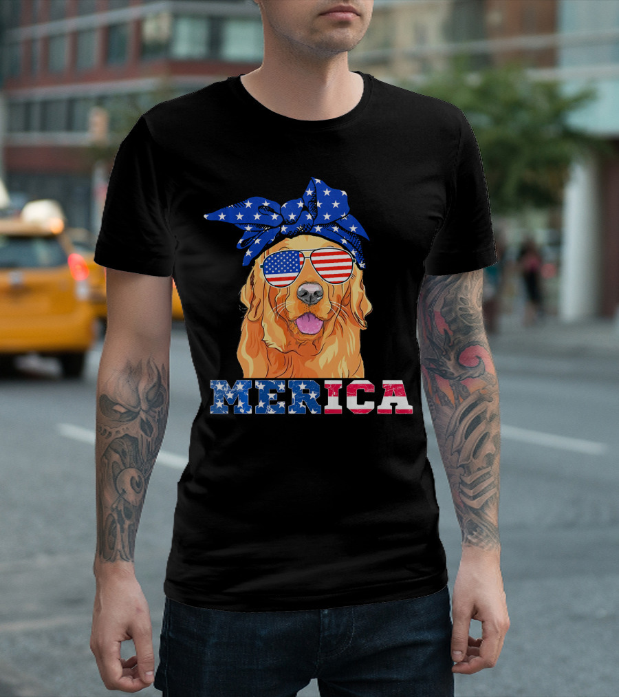 Merica Golden Retriever American Flag Glasses and Bandana T-Shirt
