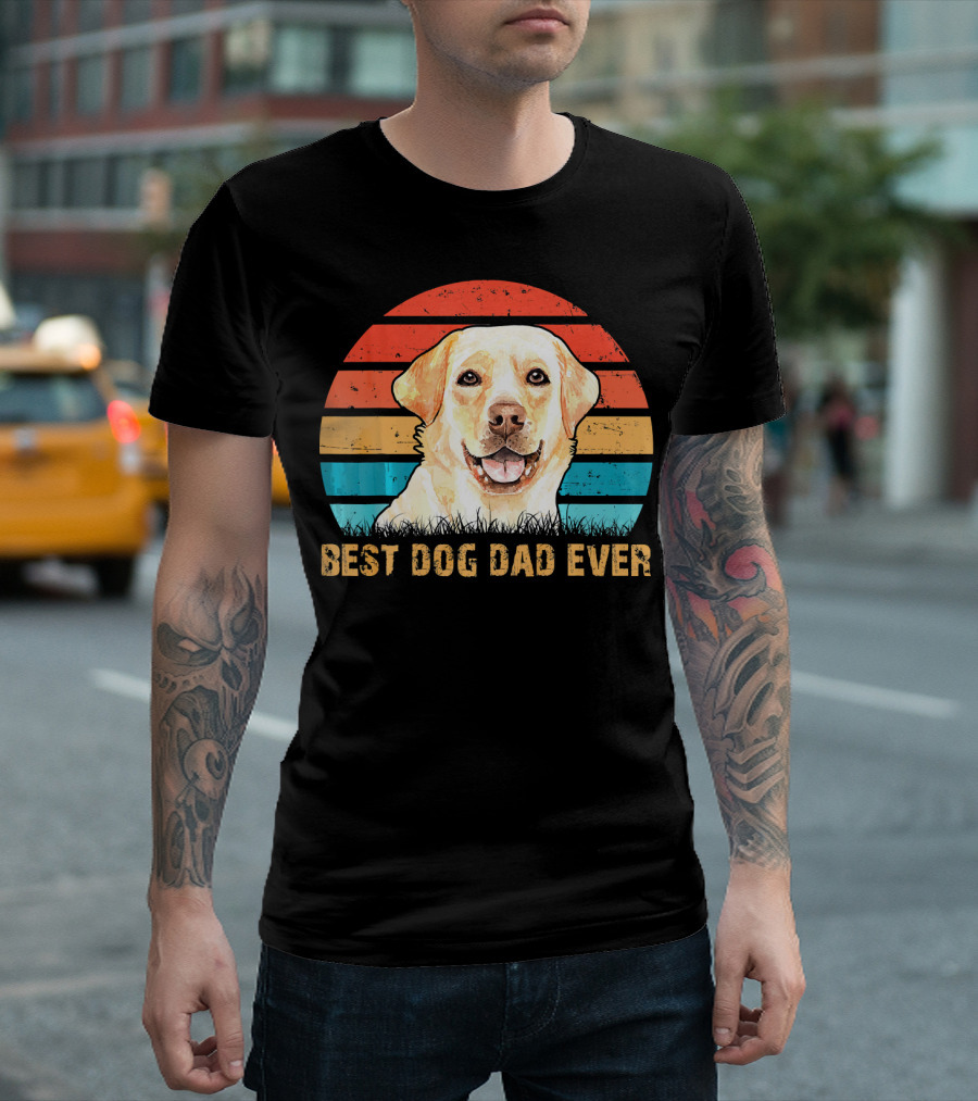 Best Dog Dad Ever Mens Quote With Labrador Retriever Retro Stripes T-Shirt