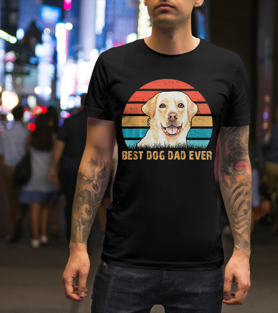 Best Dog Dad Ever Mens Quote With Labrador Retriever Retro Stripes T-Shirt
