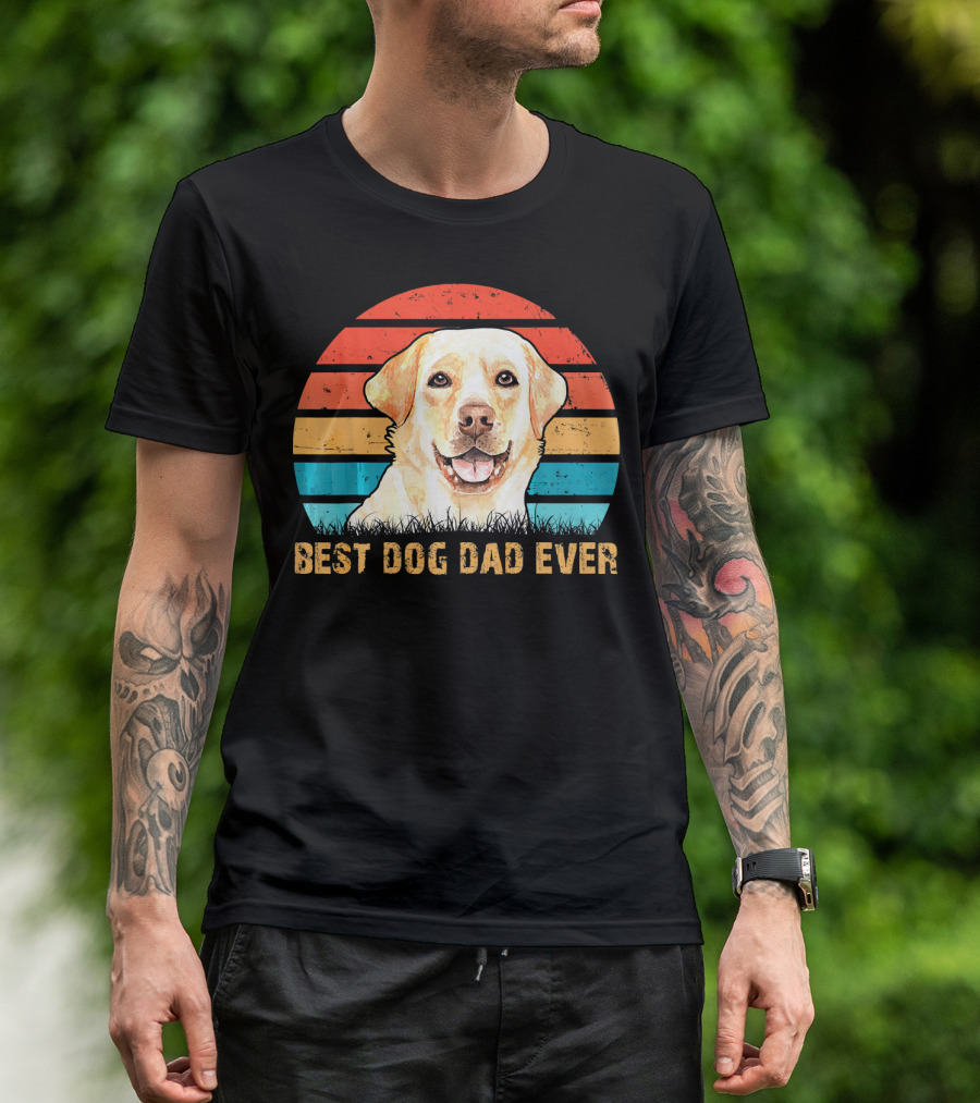 Best Dog Dad Ever Mens Quote With Labrador Retriever Retro Stripes T-Shirt