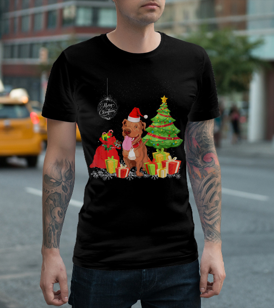 Merry Christmas Pit Bull with Christmas Tree and Boxes T-Shirt