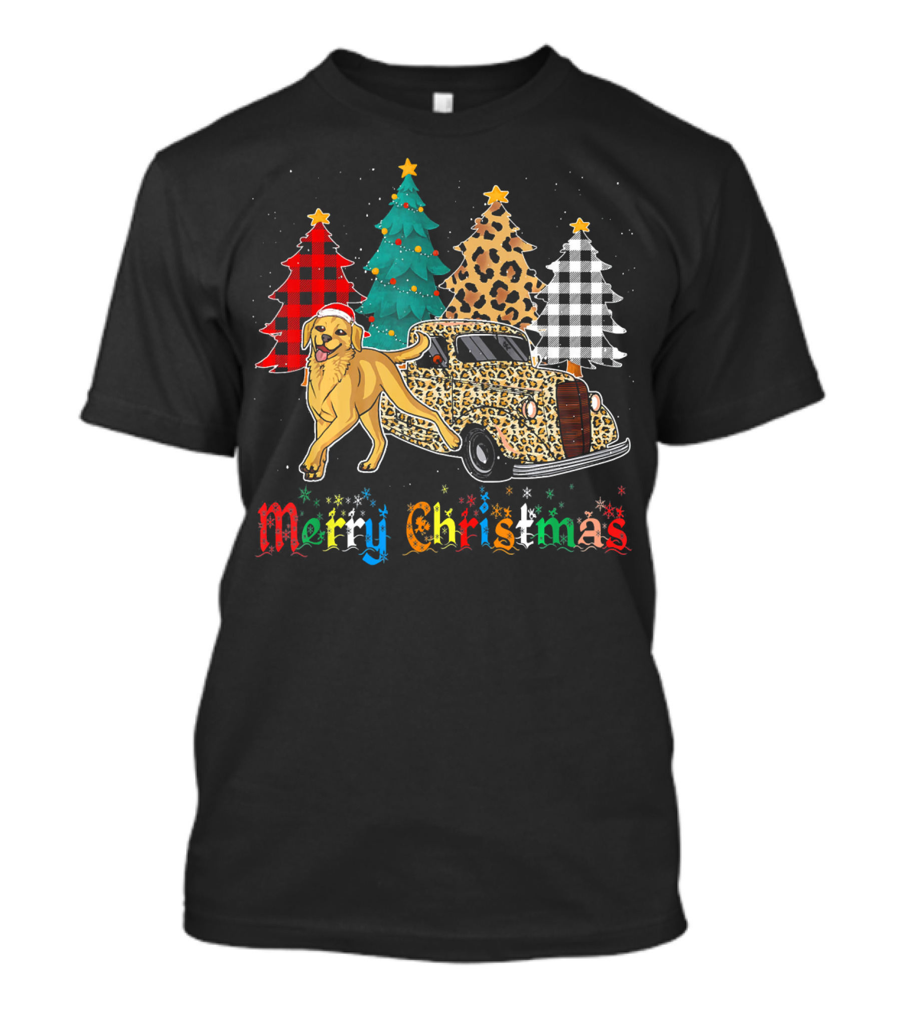Merry Christmas Labrador Retriever Leopard Plaid Truck And Trees T-Shirt