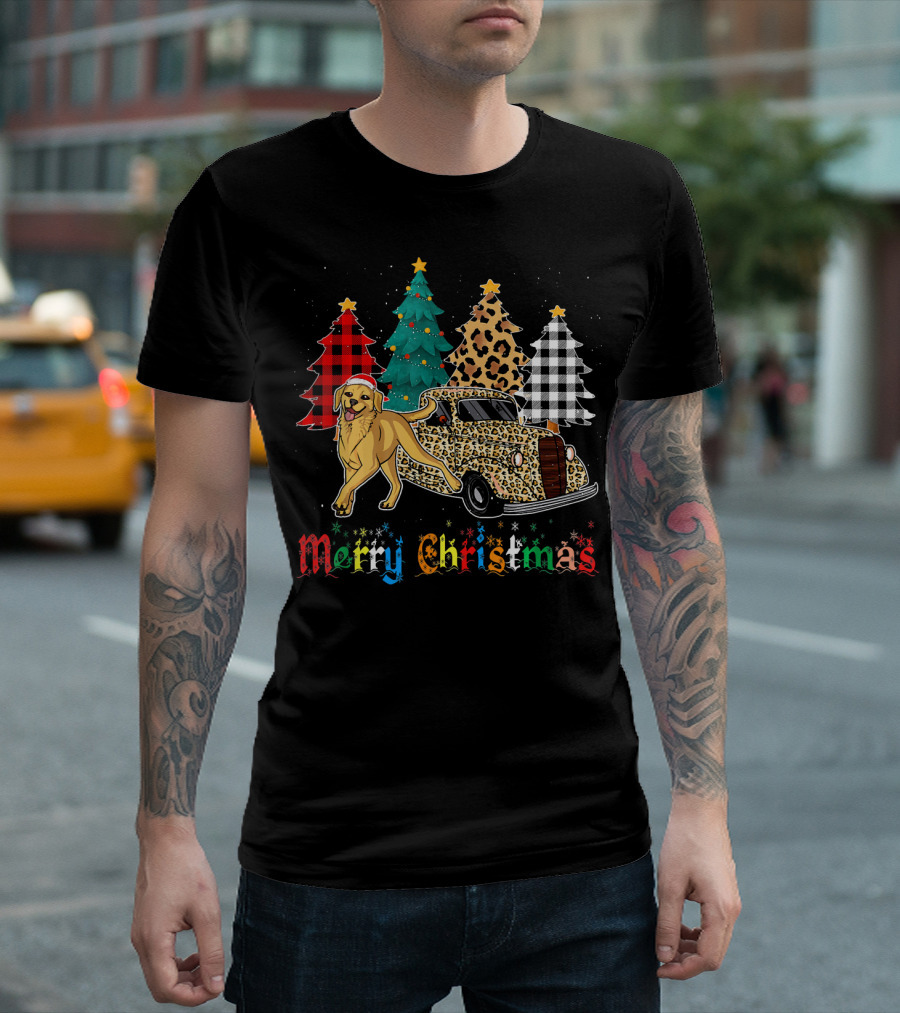 Merry Christmas Labrador Retriever Leopard Plaid Truck And Trees T-Shirt
