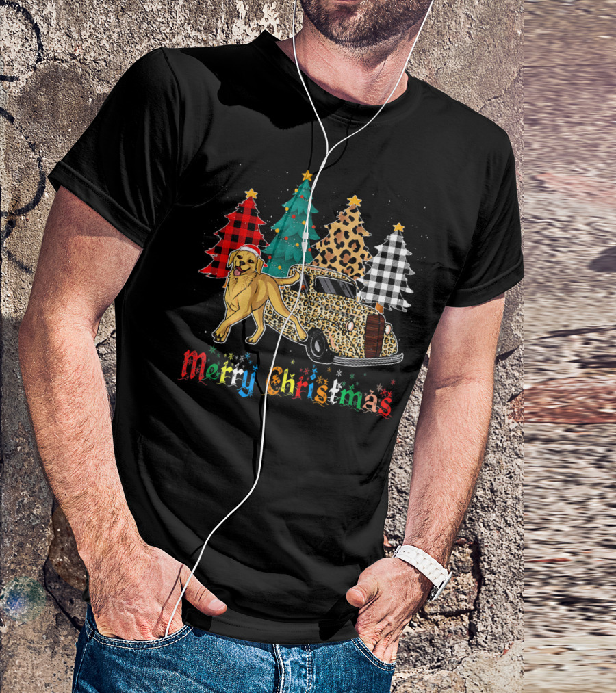Merry Christmas Labrador Retriever Leopard Plaid Truck And Trees T-Shirt