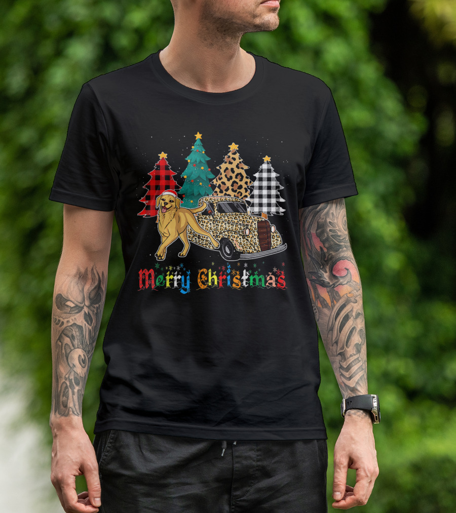Merry Christmas Labrador Retriever Leopard Plaid Truck And Trees T-Shirt