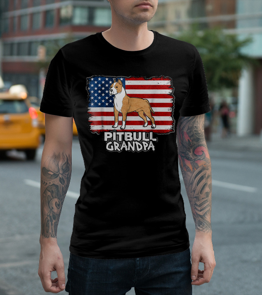 Pitbull Grandpa American Flag T-Shirt