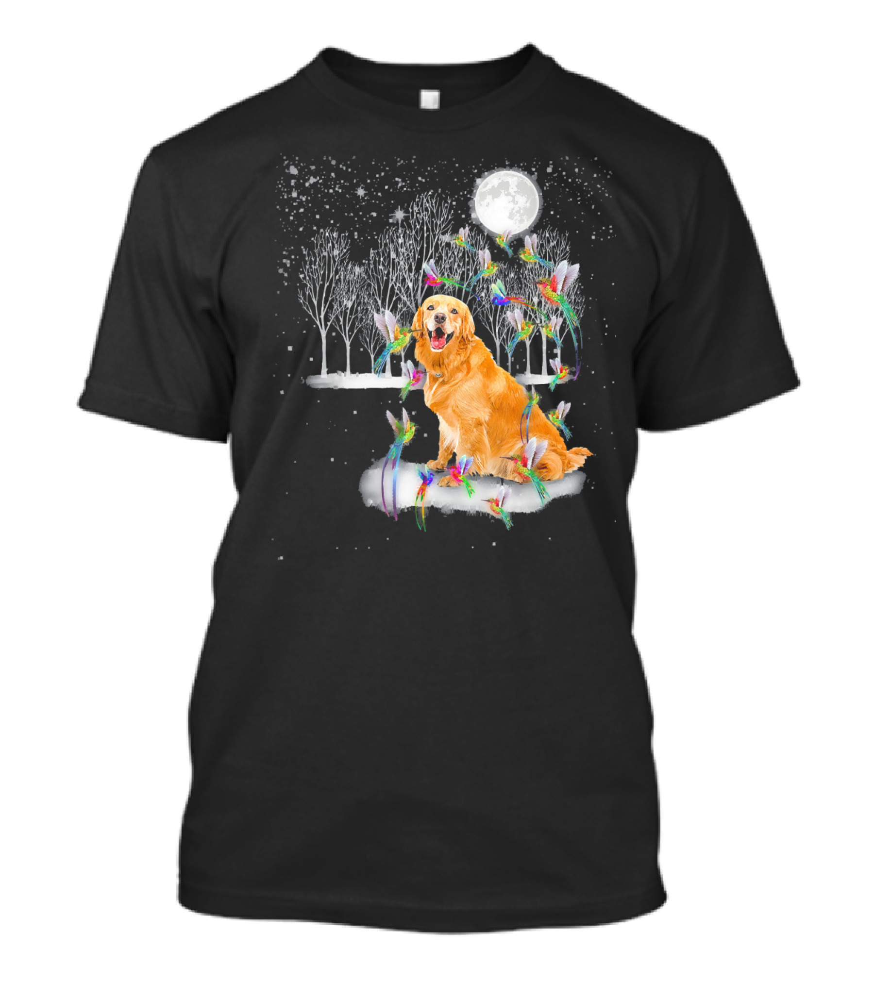 Golden Retriever Dog Surrounded By Hummingbirds Under Full Moon In Snowy Forest T-Shirt