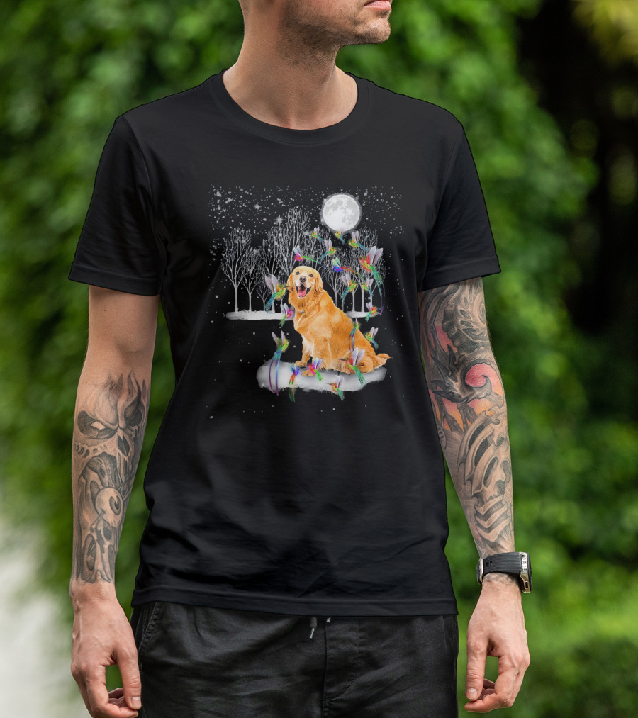 Golden Retriever Dog Surrounded By Hummingbirds Under Full Moon In Snowy Forest T-Shirt