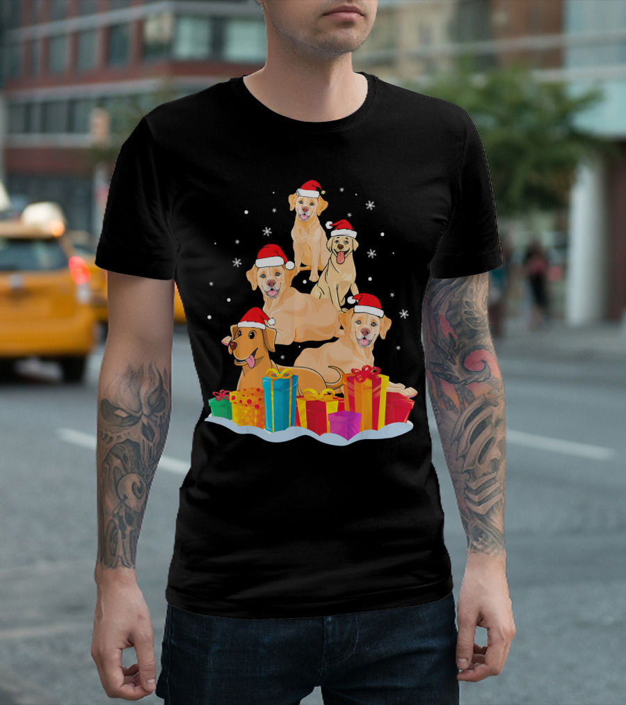 Labrador Retriever Noel Hat Presents Snowflakes Festive Scene T-Shirt