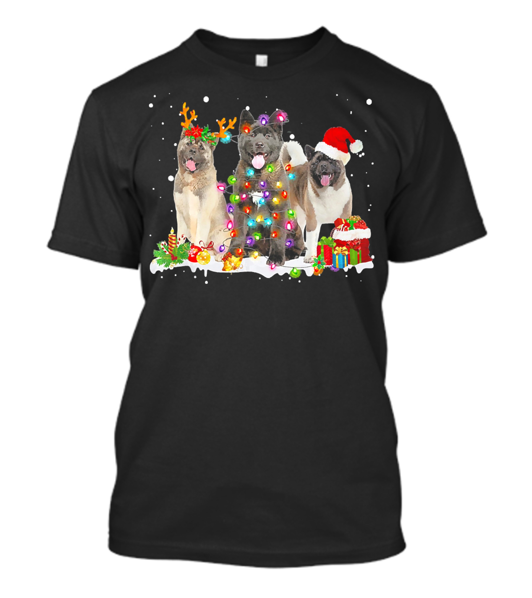 Santa Akita Dog Reindeer Holiday Lights Christmas Gift Box T-Shirt