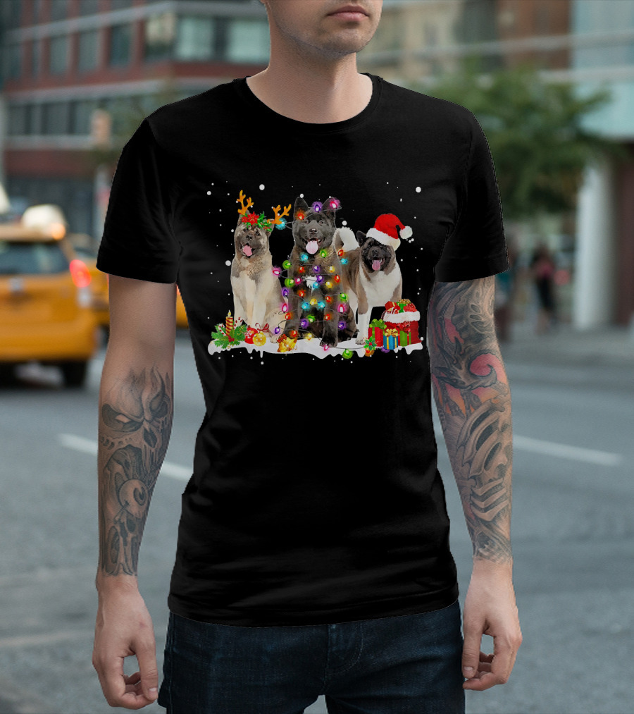 Santa Akita Dog Reindeer Holiday Lights Christmas Gift Box T-Shirt