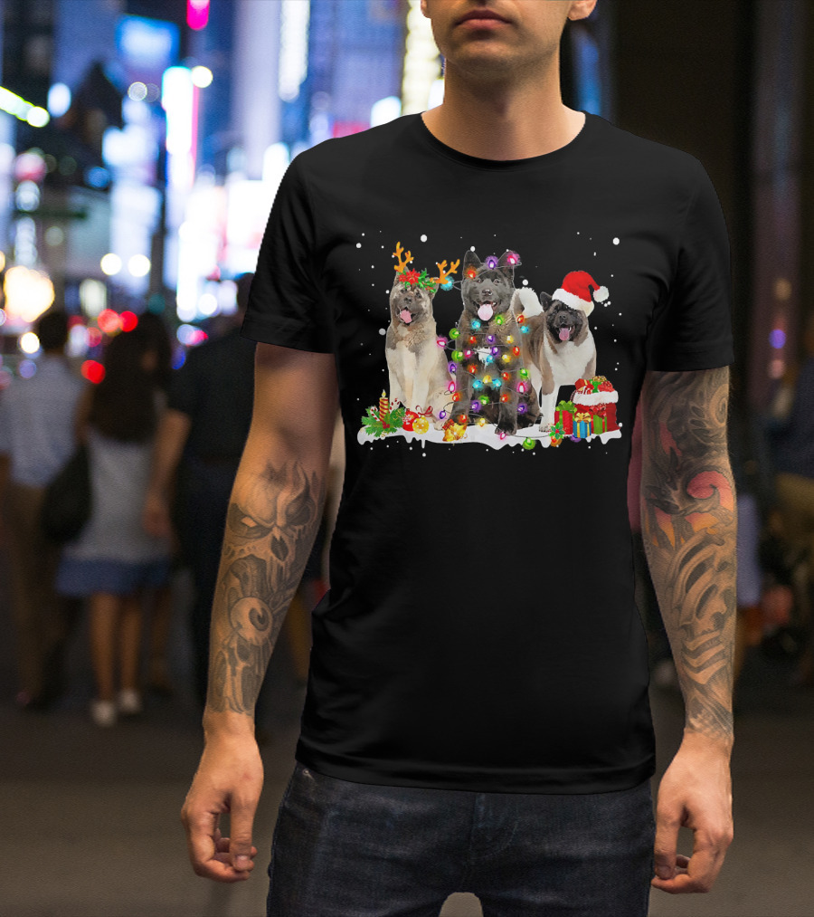 Santa Akita Dog Reindeer Holiday Lights Christmas Gift Box T-Shirt