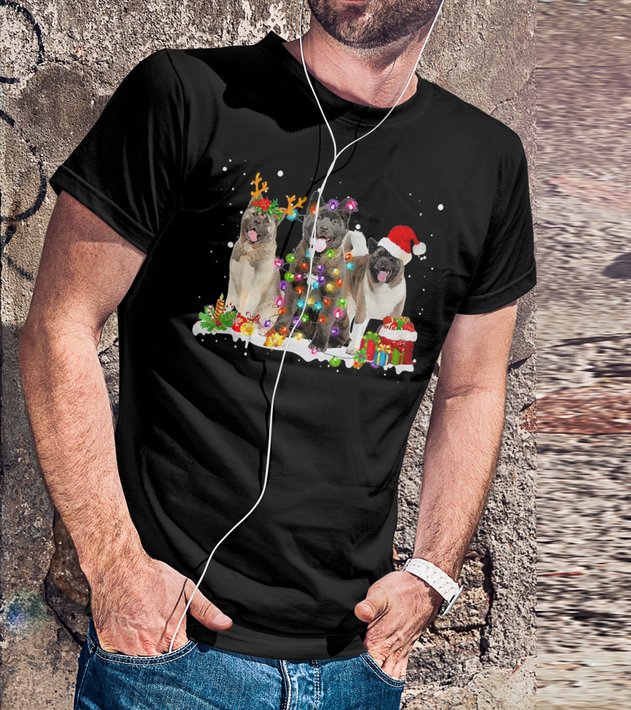 Santa Akita Dog Reindeer Holiday Lights Christmas Gift Box T-Shirt