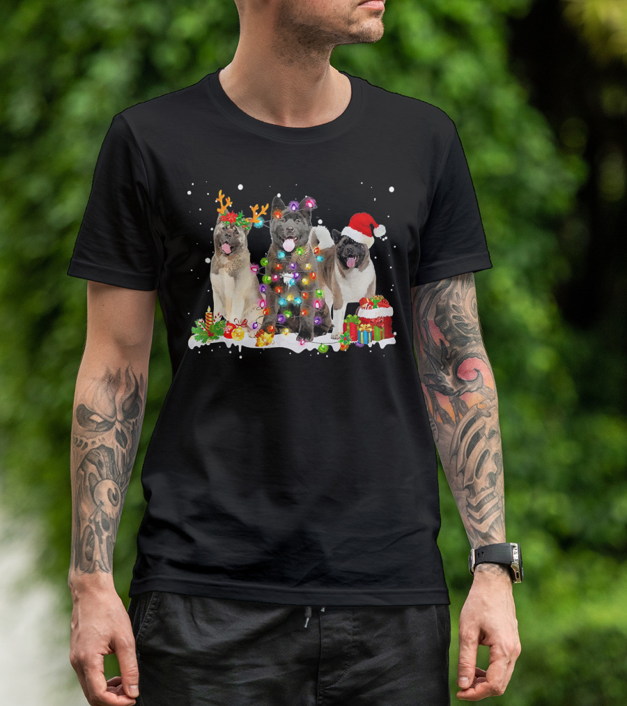Santa Akita Dog Reindeer Holiday Lights Christmas Gift Box T-Shirt