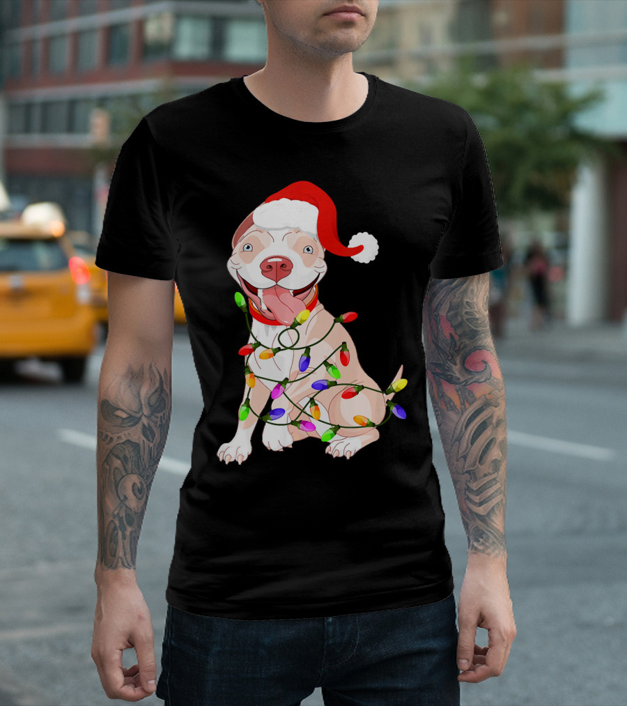 Pit Bull Wearing Santa Hat and Christmas Lights T-Shirt