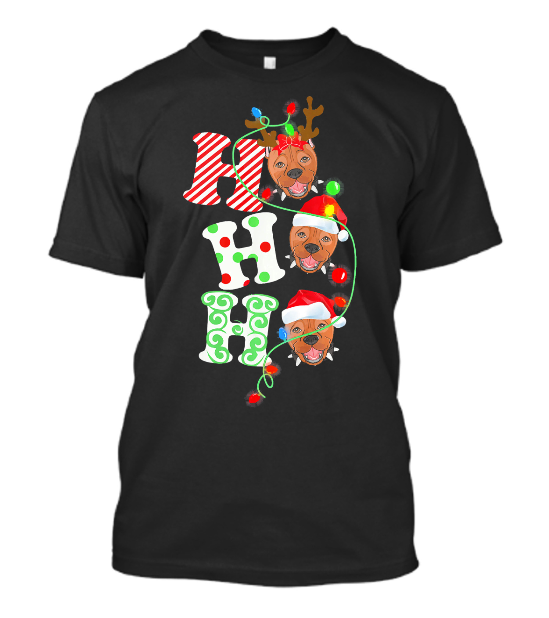 Hohoho Pit Bull Christmas Santa And Reindeer Lights T-Shirt