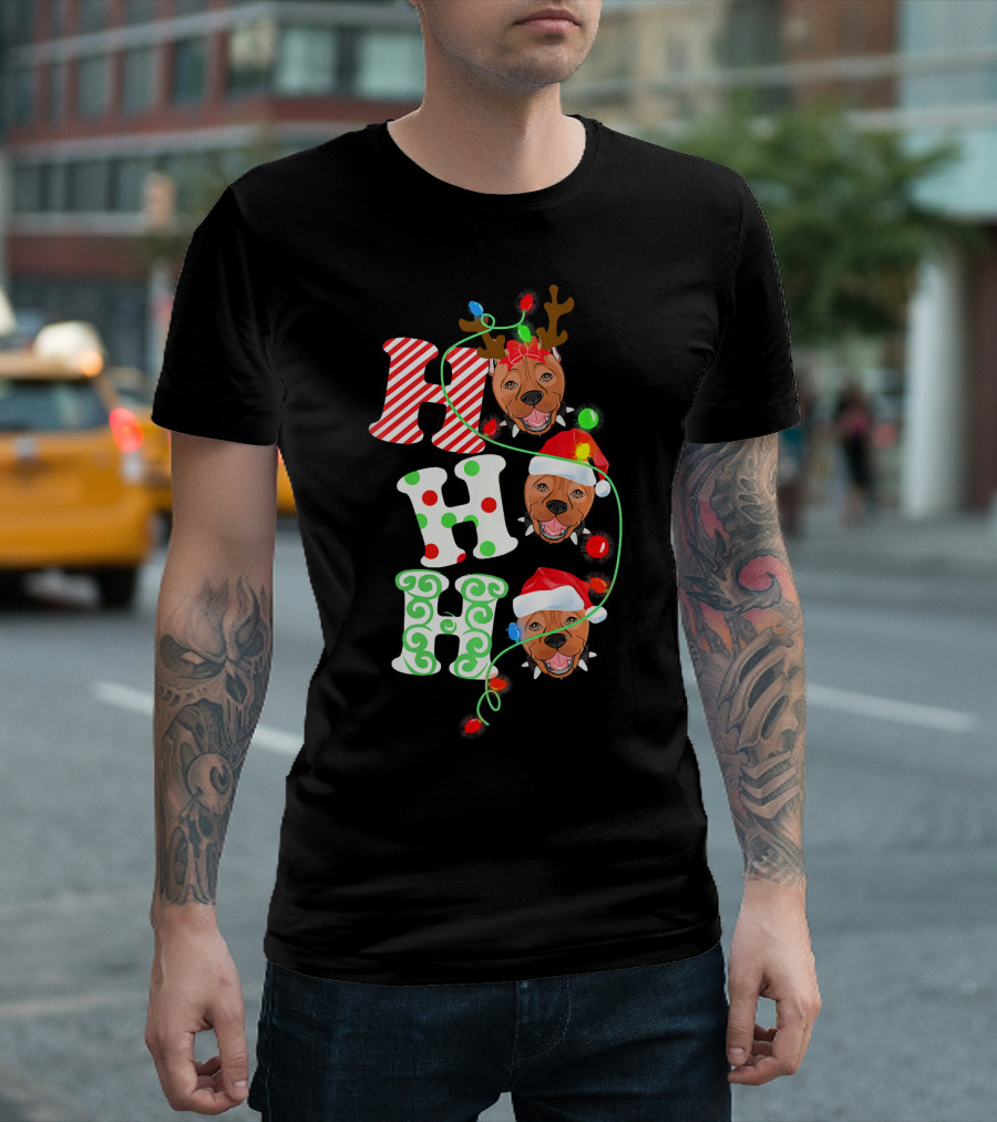Hohoho Pit Bull Christmas Santa And Reindeer Lights T-Shirt