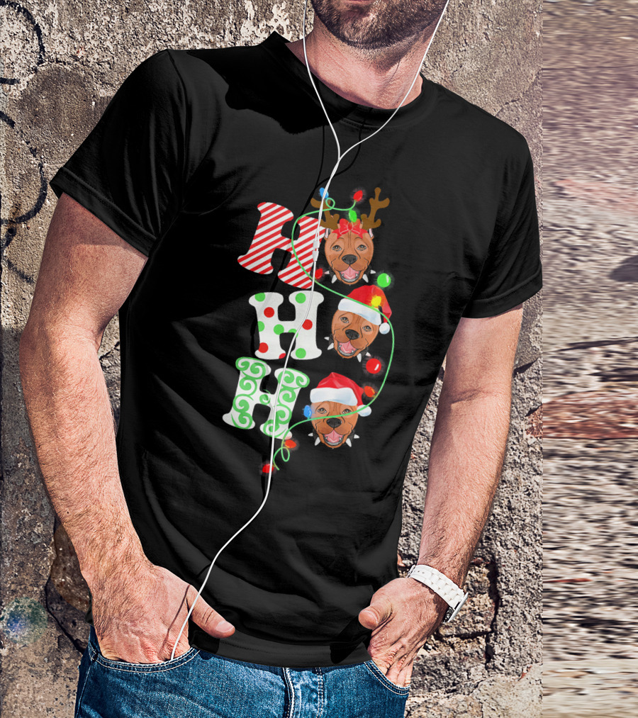 Hohoho Pit Bull Christmas Santa And Reindeer Lights T-Shirt