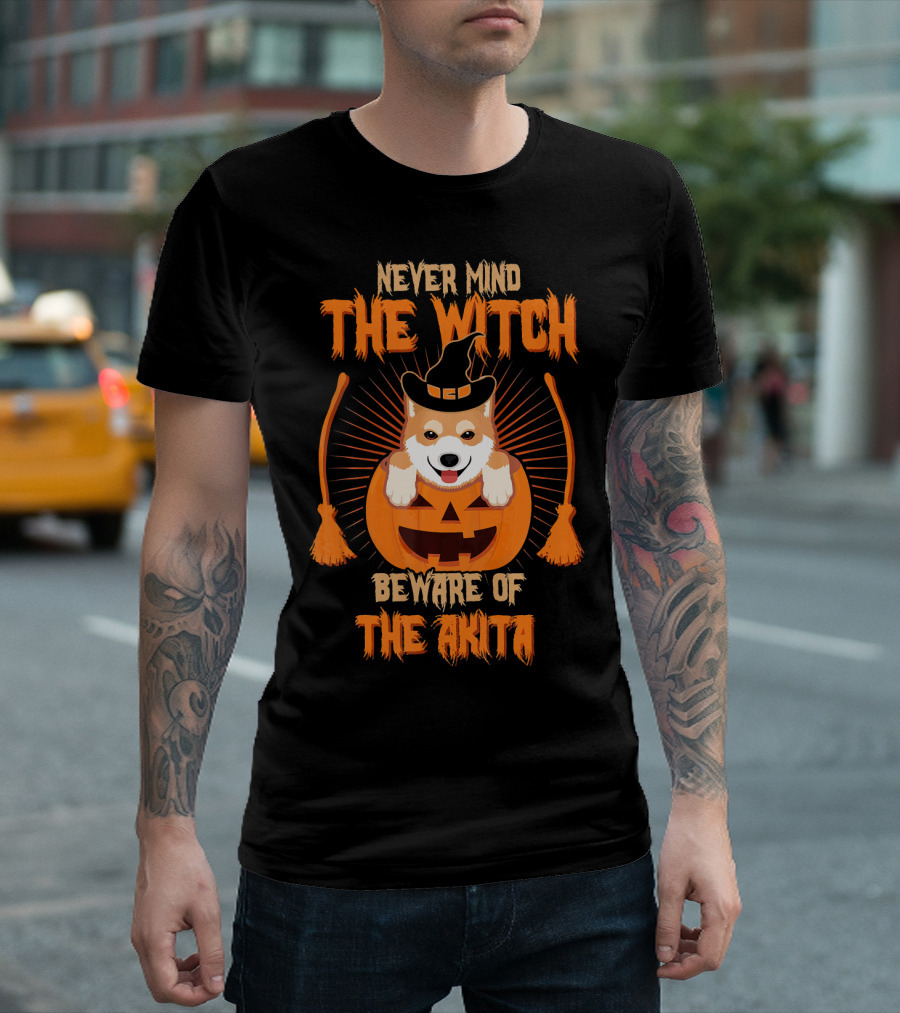 Never Mind The Witch Pumpkin Halloween Beware Of The Akita T-Shirt