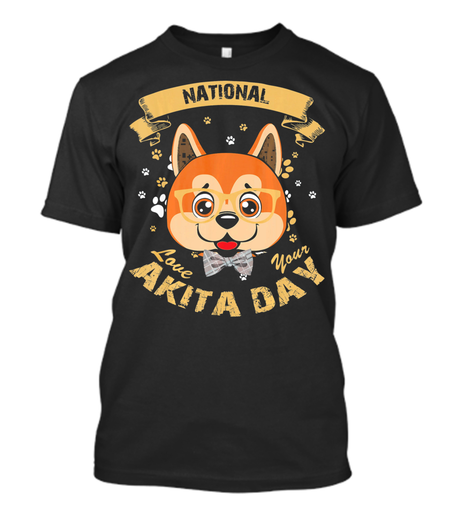 National Love Your Akita Day Cute Dog With Glasses And Bow Tie With Paw Prints T-Shirt