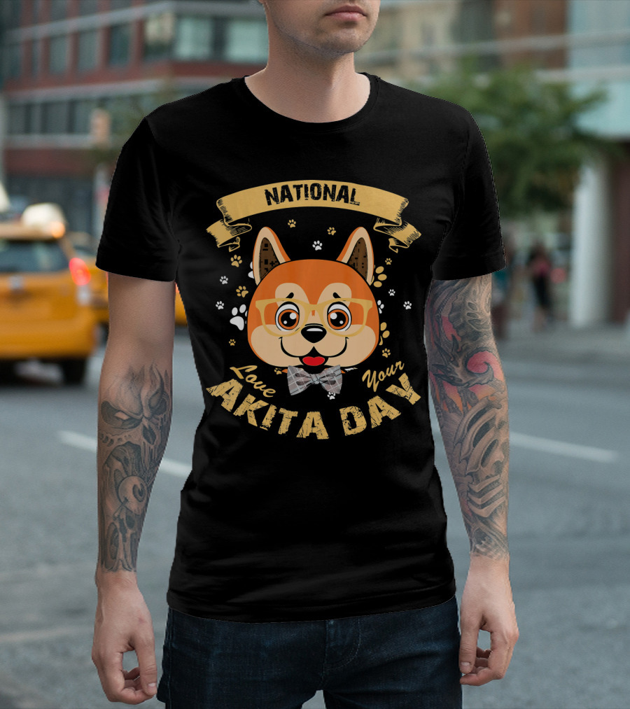 National Love Your Akita Day Cute Dog With Glasses And Bow Tie With Paw Prints T-Shirt