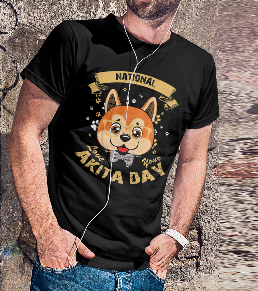National Love Your Akita Day Cute Dog With Glasses And Bow Tie With Paw Prints T-Shirt