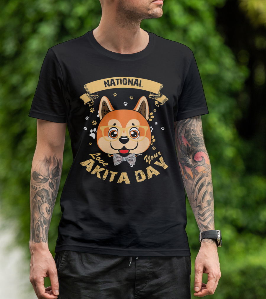 National Love Your Akita Day Cute Dog With Glasses And Bow Tie With Paw Prints T-Shirt