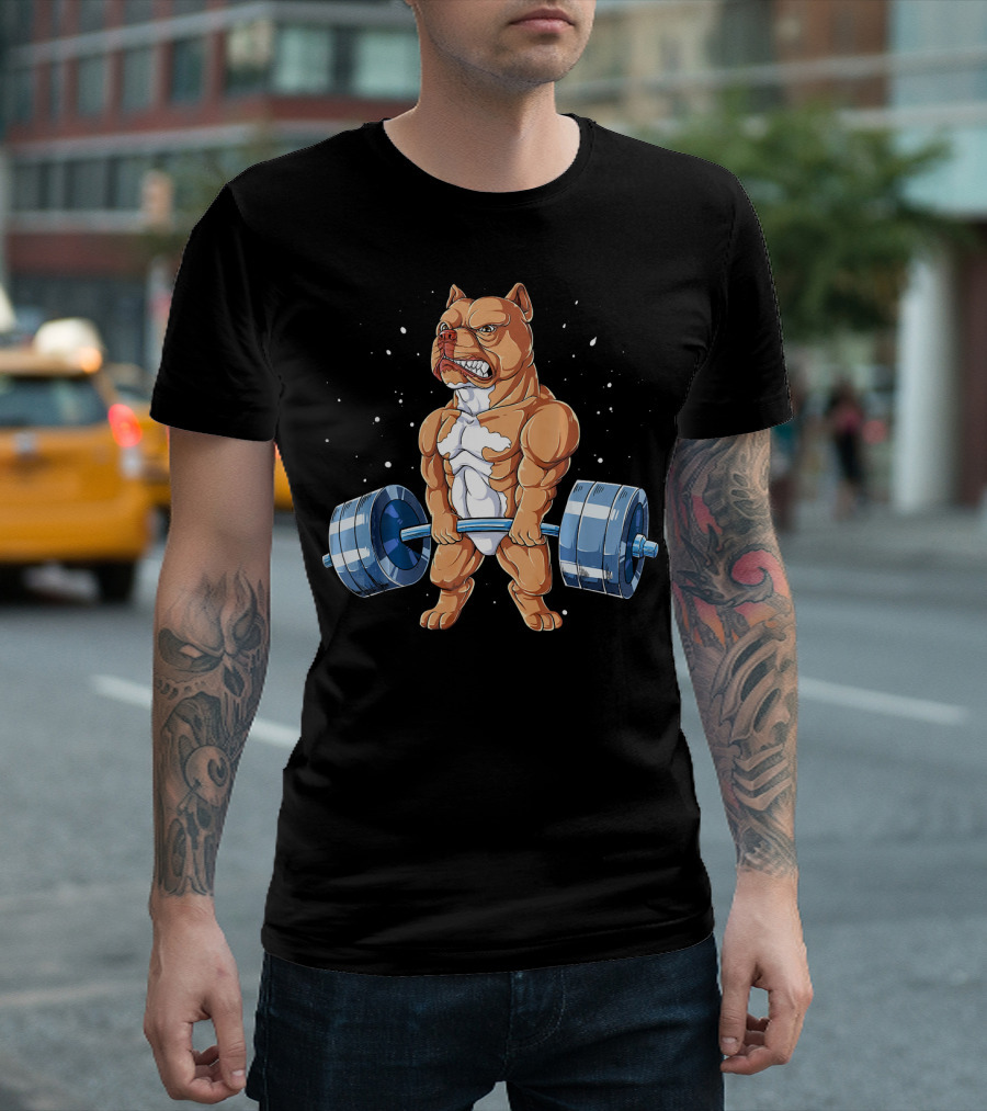 Pit Bull Weightlifting Funny Deadlift Me Bodybuilder Dog Barbell T-Shirt