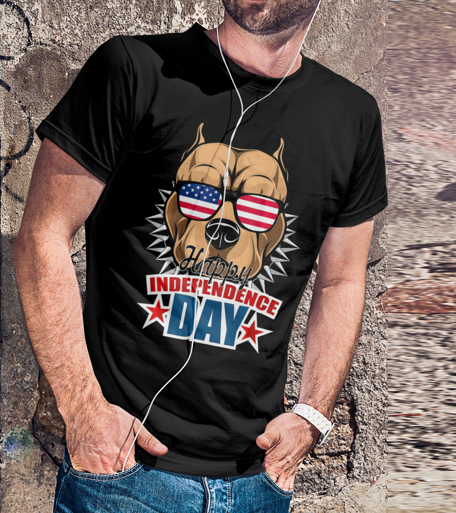 Pit Bull Happy Independence Day With American Flag Sunglasses And Stars T-Shirt