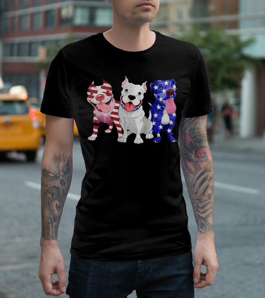 Pit Bull American Flag Independence Day Celebration with Patriotic Dog Trio T-Shirt